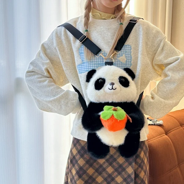 可爱黑白熊猫玩偶双肩包女高级感毛绒背包时尚学生书包