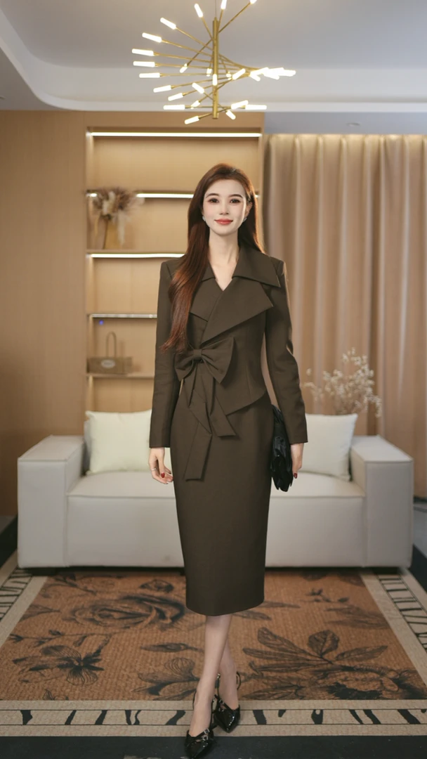 罗曼定制 原创设计咖色时尚气质显瘦包臀秋季时女神范连衣裙新款