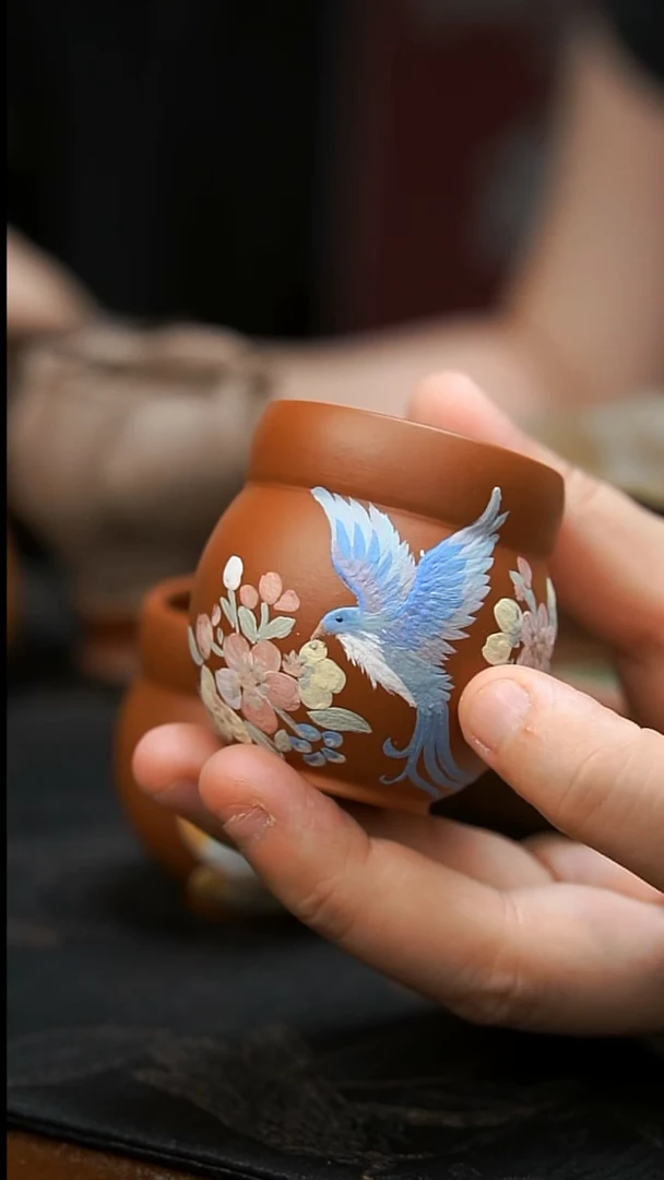 茶壶紫砂朱泥翠鸟杯