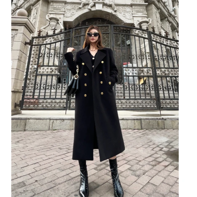 婉君【气场全开】冬季黑色气质毛呢大衣LWJ23C3C750