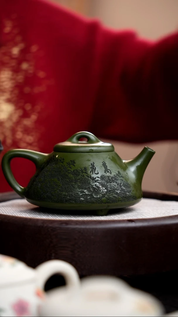 【闪购商品】紫砂茶壶民国绿子冶石瓢刻牡丹009