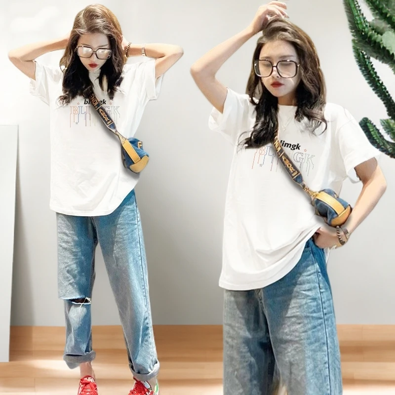 2025春秋季新款纯棉休闲时尚潮流印花圆领显瘦宽松大码小众T恤ins