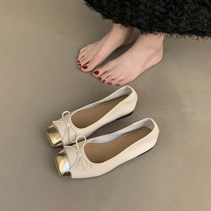 法式小香风蝴蝶结浅口芭蕾舞单鞋女新款软皮方头平底奶奶鞋百搭