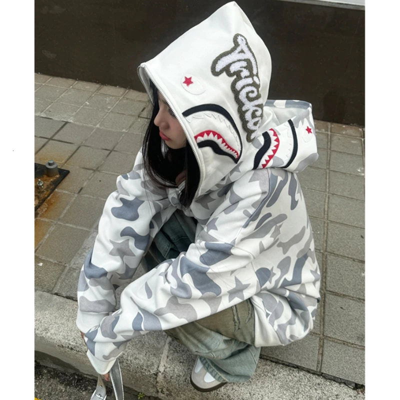 鲨鱼加厚高街情侣外套美式迷彩hiphop帽开衫女春秋冬潮牌双卫衣男