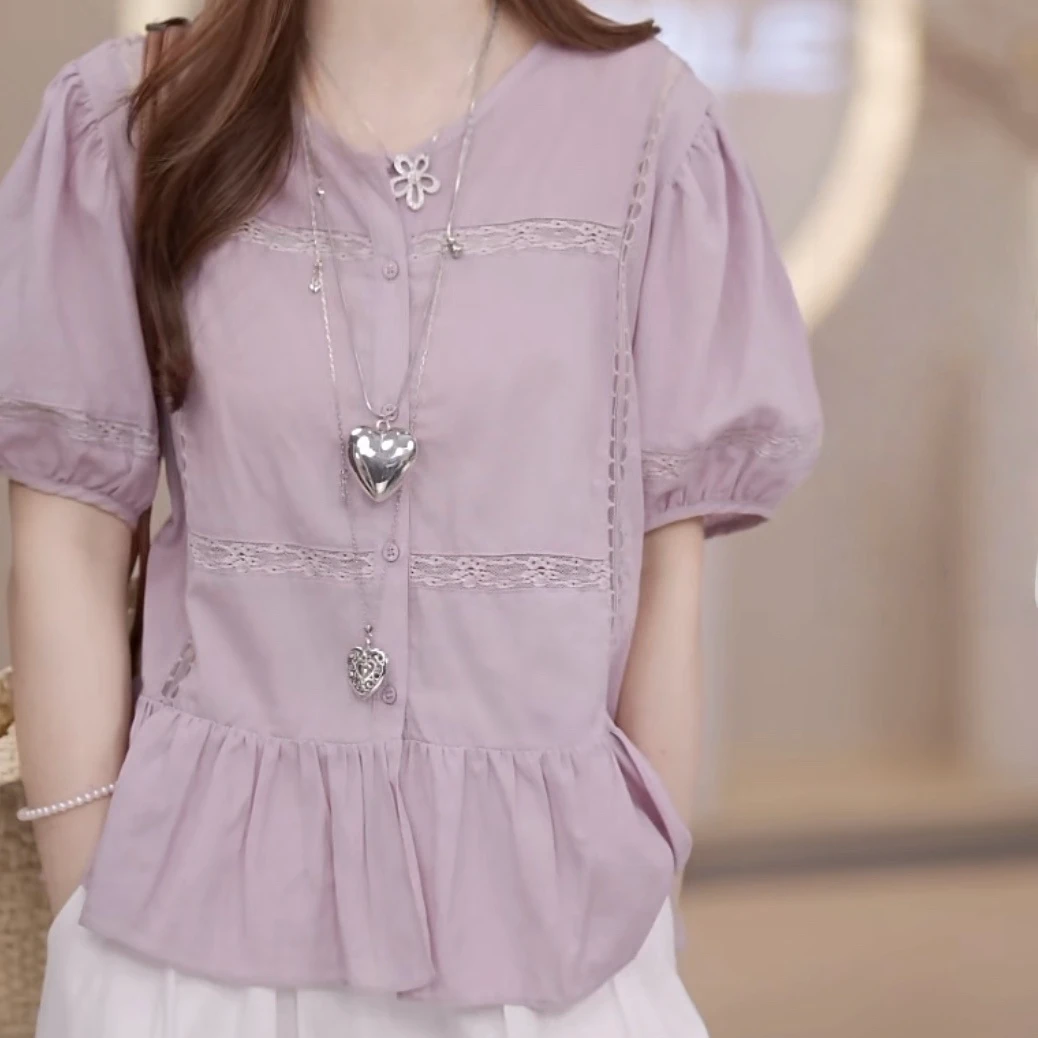 蕾丝花边设计感衬衫系带显瘦上衣女2025夏季新款小众气质通勤上衣