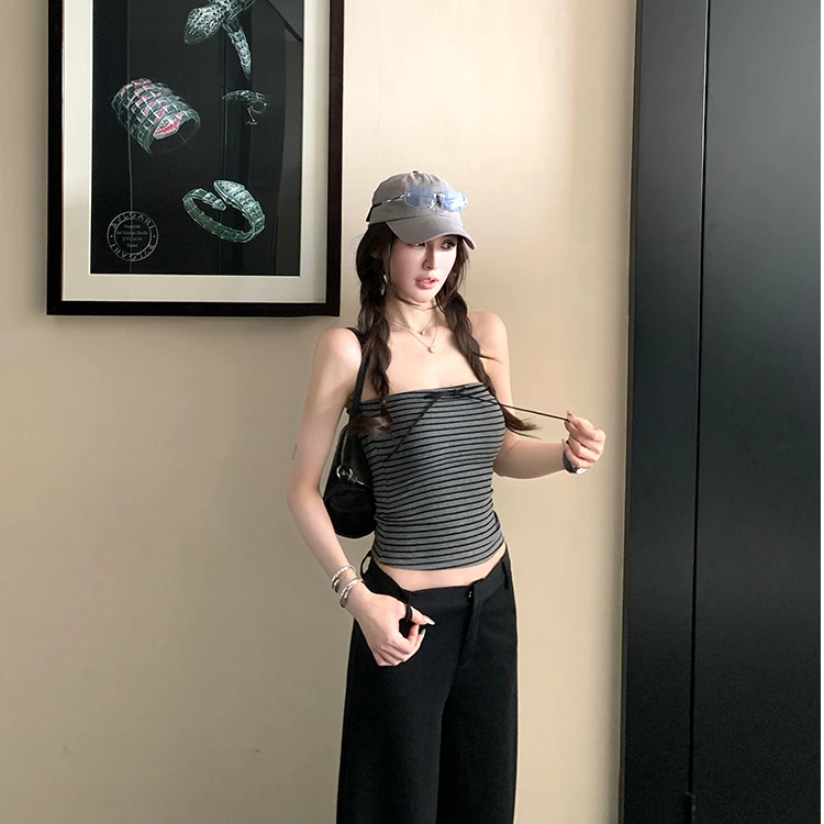 5.19/20点 韩女vibe 冰感美式复古拼色蝴蝶结抹胸设计感上衣夏