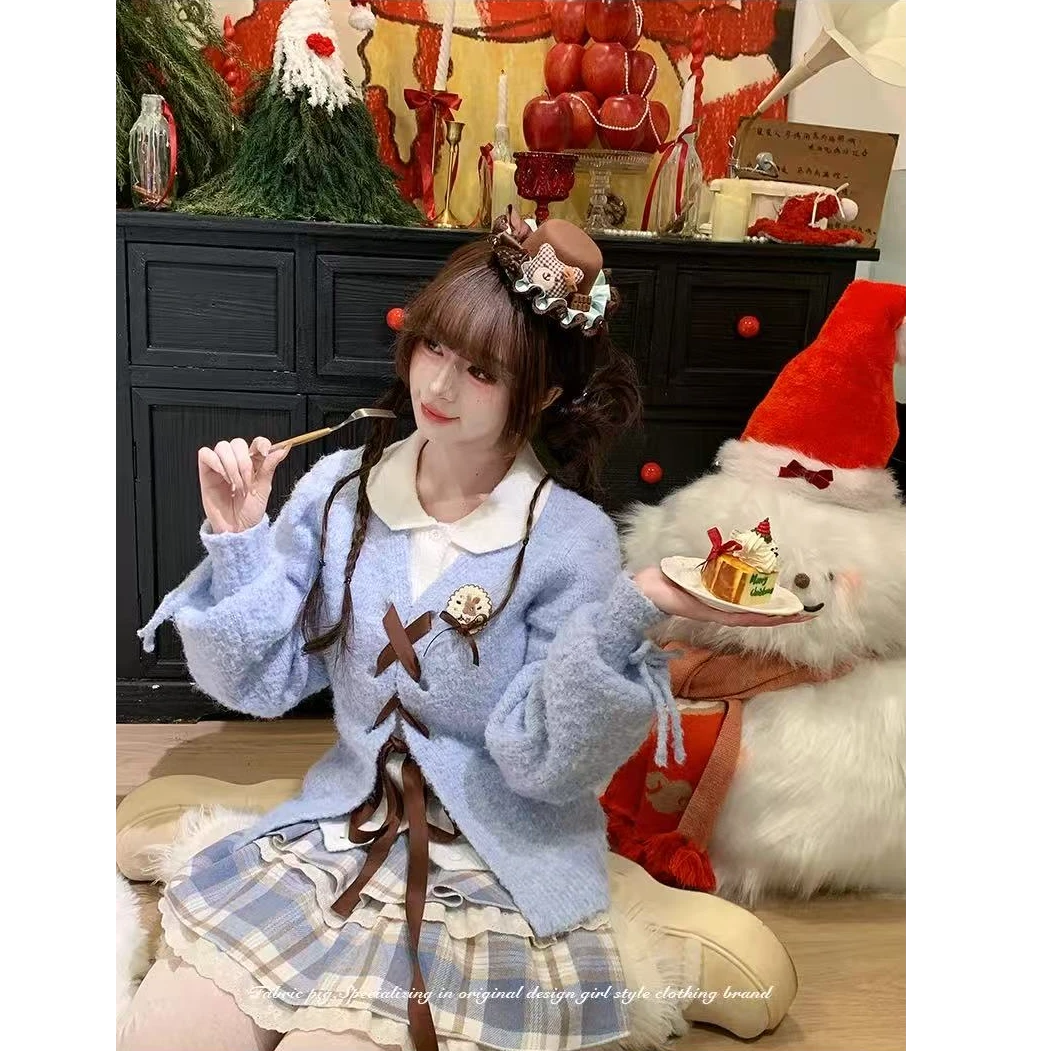 【森屿糖巧】甜美复古风蓝色假两件毛衣女冬慵懒感针织衫外套套装