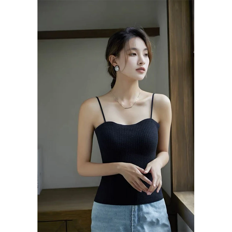 新款纯色百搭固定杯无钢圈美背设计感拼接内搭打底吊带女