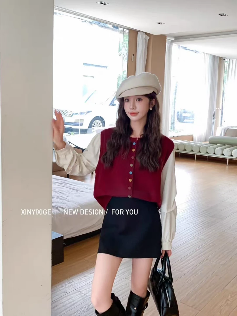 【韩衣舍】圆领拼接衬衫女设计感彩色百搭上衣