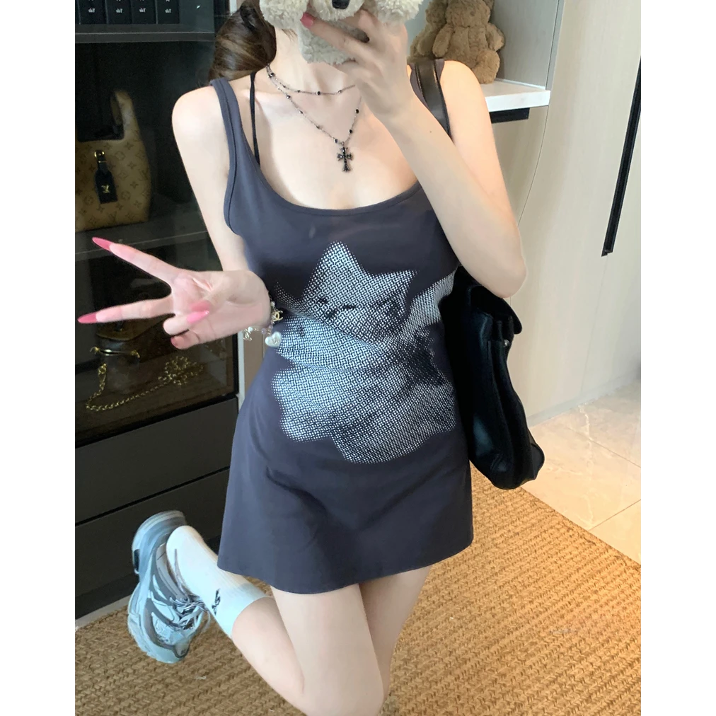 老钱风猫咪印花吊带连衣裙女夏季纯欲辣妹绑带收腰显瘦A字短裙子