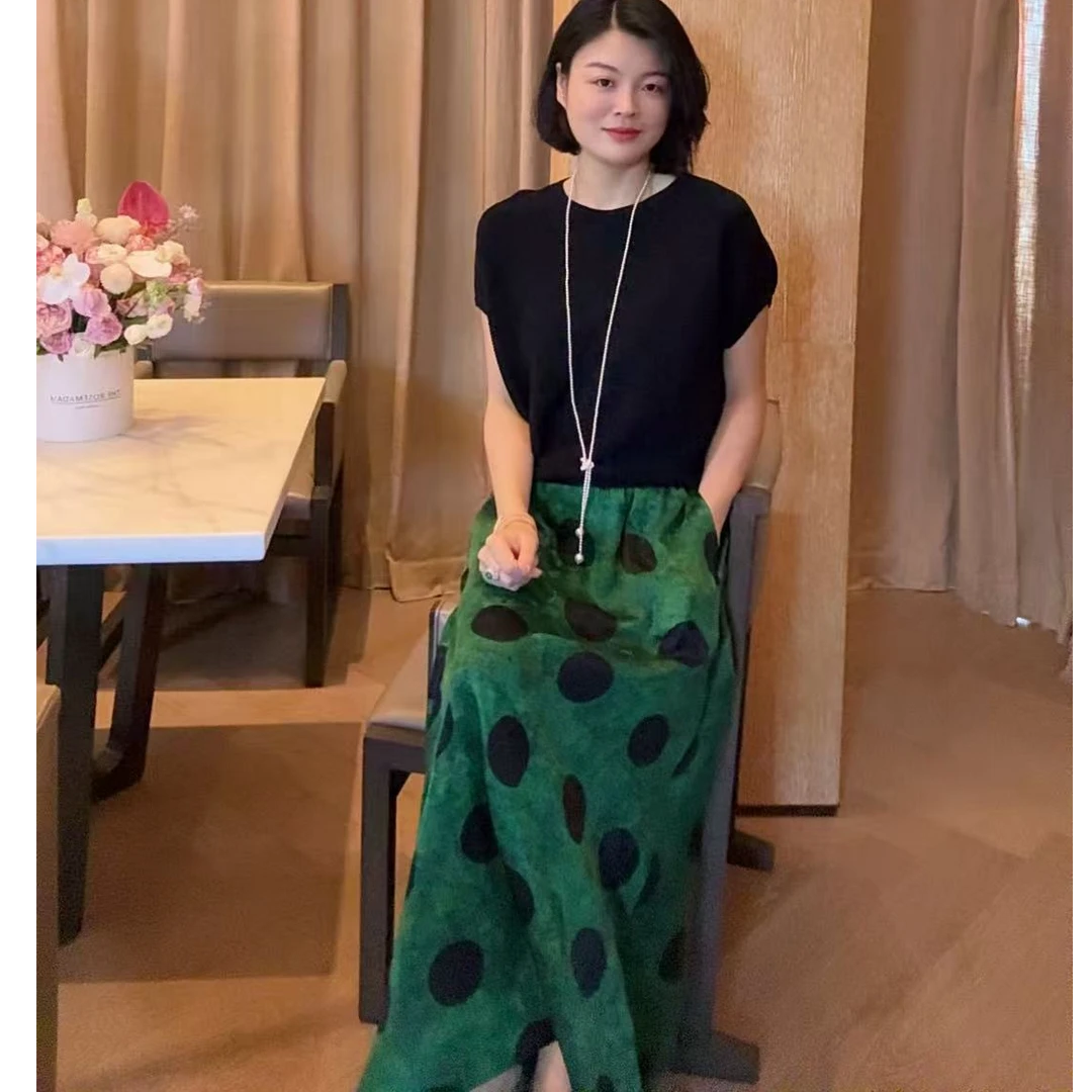 TANTAN  LL 真丝香云纱 气质绿色大黑点半裙2182