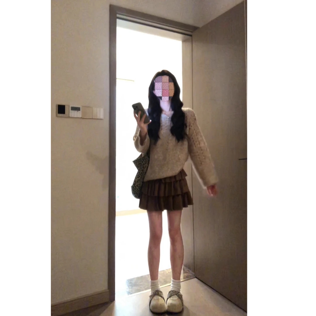 【黑巧摩卡】复古镂空绵羊毛针织罩衫上衣蛋糕裙秋冬套装女X11221