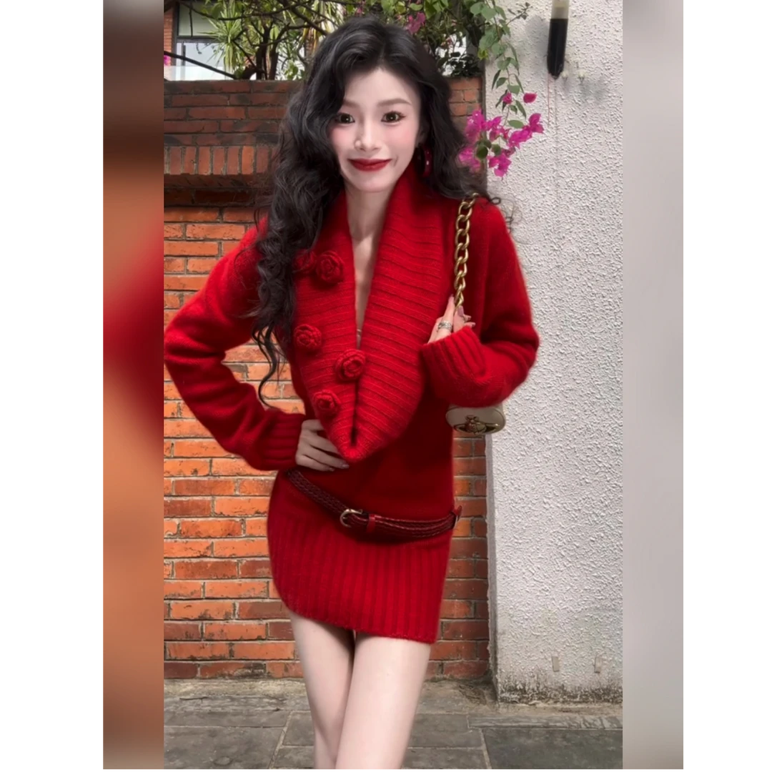 圣诞节穿搭红色荡领针织连衣裙女秋冬高级感气质修身显瘦包臀短裙
