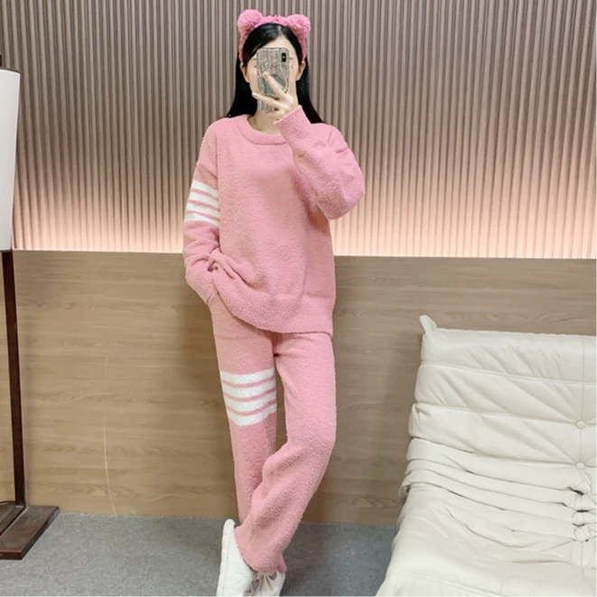 【反季福利】半边绒韩版秋冬新款软糯糯条纹保暖高级宽松家居服-娜