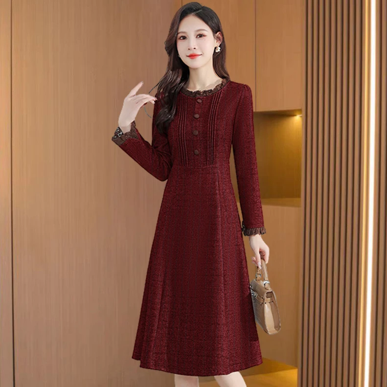 喜婆婆十三行连衣裙2025新红色气质贵夫人高端奢华品牌长袖高级感