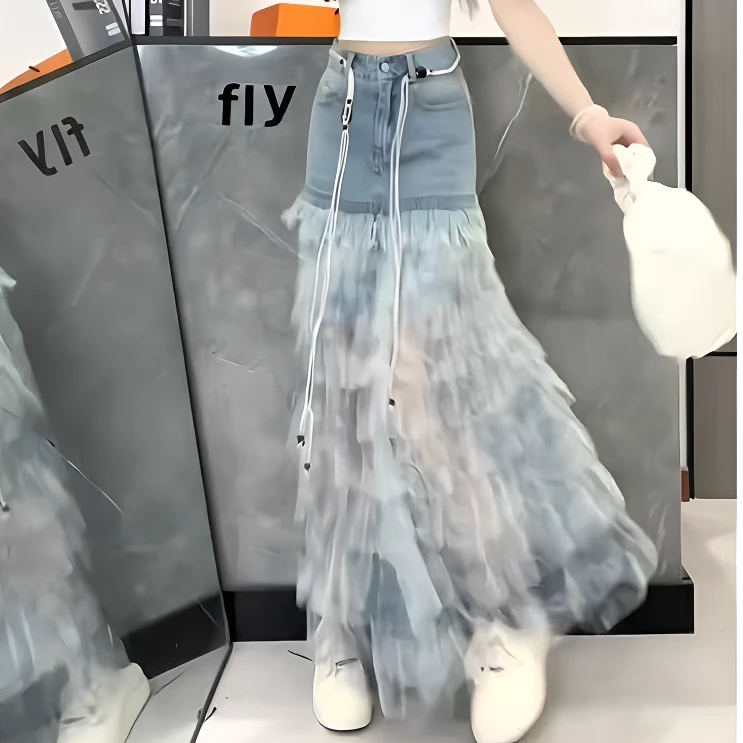 安琪定制-[N33C]新款拼接网纱蛋糕牛仔半身裙高腰显瘦网纱长裙女