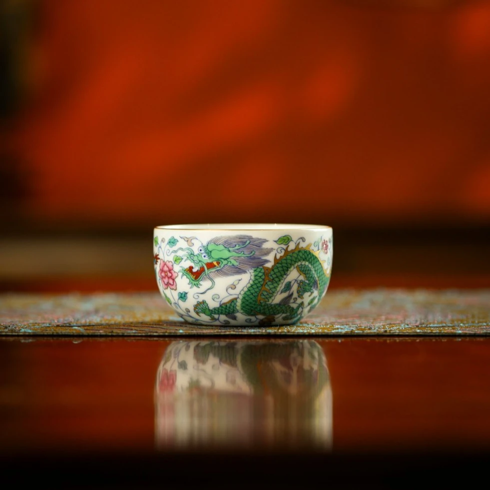 〖瑶瑶甄选〗松如堂双龙牡丹杯斗彩手绘龙纹缠枝花卉描金卧足杯