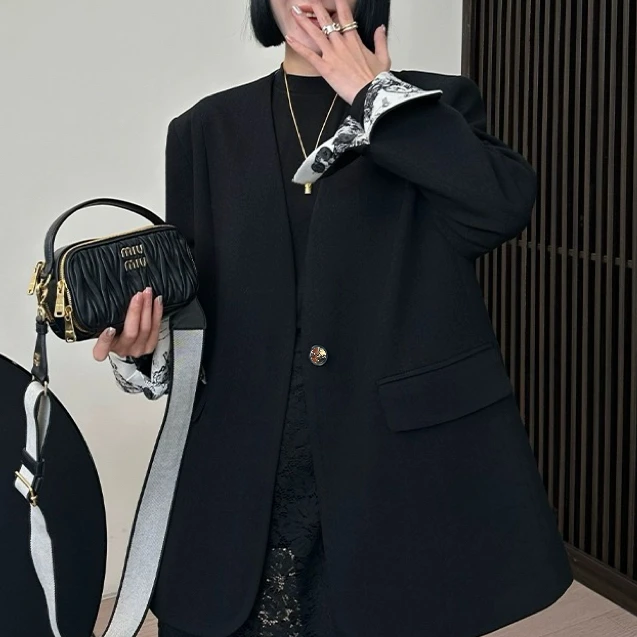 AMAZCOOL 气质设计感新中式国风提花拼接女士西装外套2647