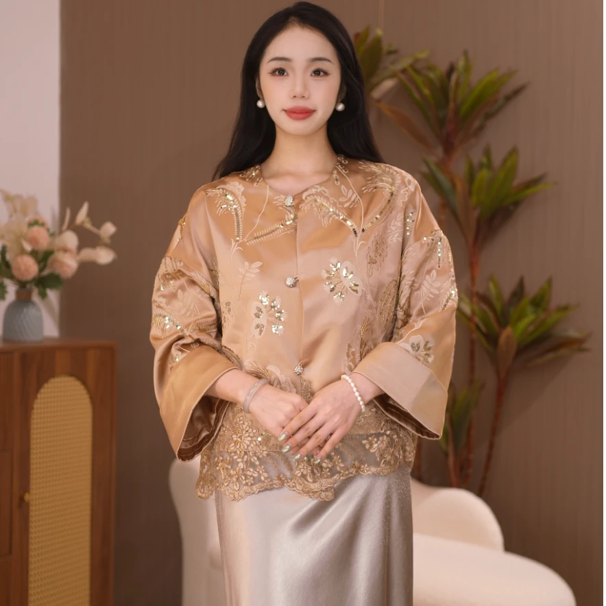 花满溪｜新中式秋季圆领上衣女高端刺绣外套2025C664--摆摆蒂莎仓