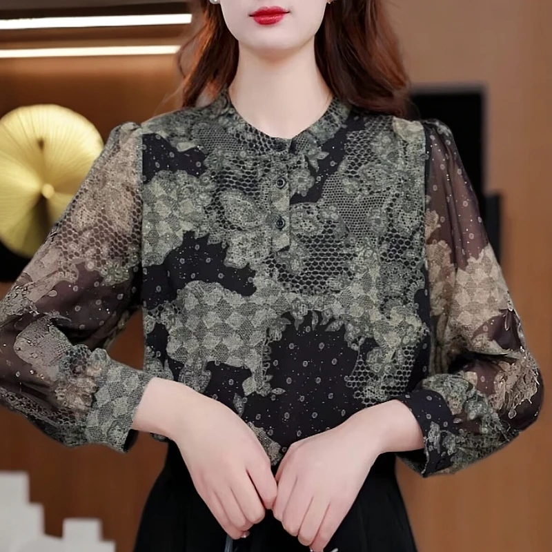 春夏薄款长袖印花冰丝衬衫胖mm大码宽松显瘦上衣雪纺防晒减龄小衫