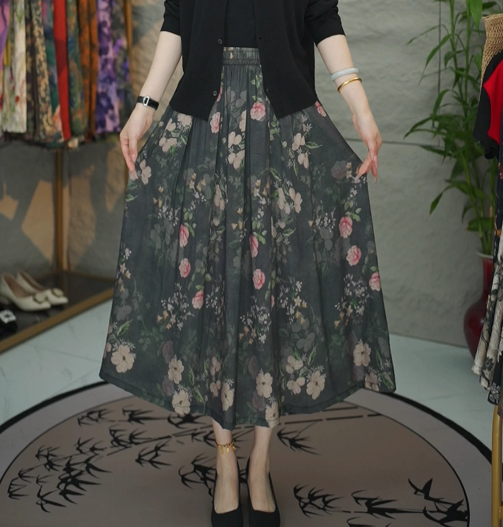 25019碎花显瘦中长款高腰大摆半身裙(90-160)