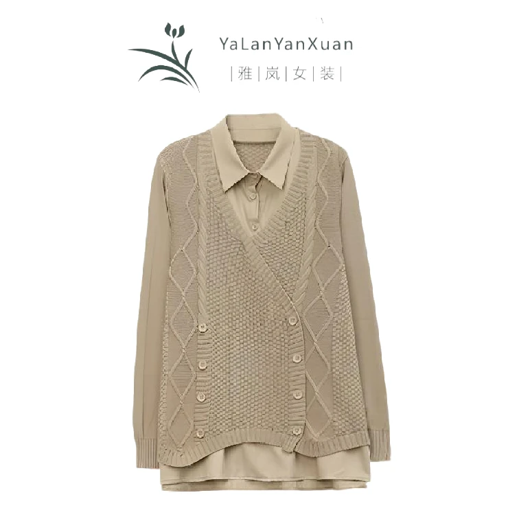 【雅岚女装】宽松遮肚衬衫领休闲百搭打底衫毛衣春秋款假两件针织衫