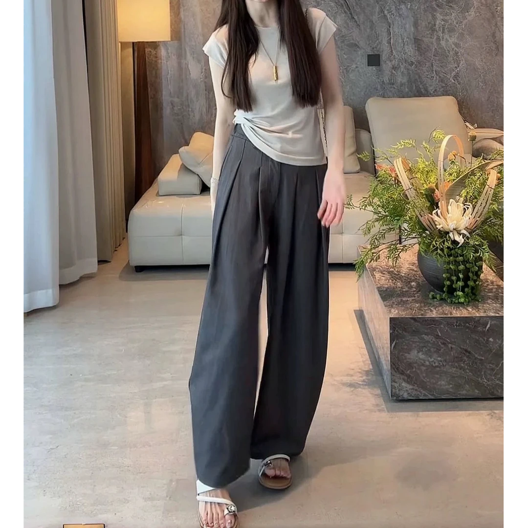 小飞袖t恤女短袖正肩上衣+夏季显瘦宽松垂感薄款阔腿直筒裤两件套