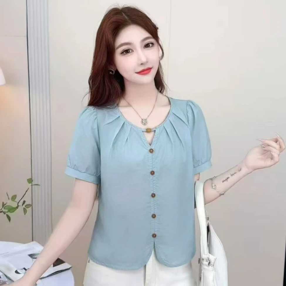 时尚百搭圆领短袖衬衫女夏季新款显瘦减龄洋气上衣