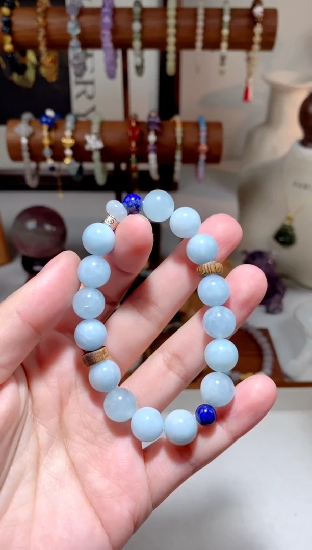 海蓝宝石手串银S925镶嵌  海蓝宝青金手串 约10mm 多样性发一
