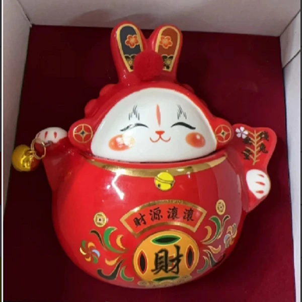 中国红玉兔陶瓷密封茶叶罐茶具