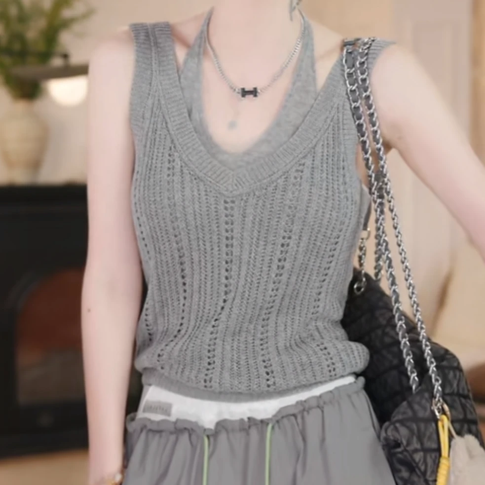 设计感假两件夏季新款针织衫修身显瘦背心简约百搭时尚休闲上衣