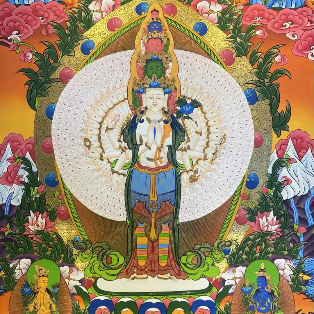 90*60大尺寸多尊合贡千手观音唐卡纯手绘彩唐精品