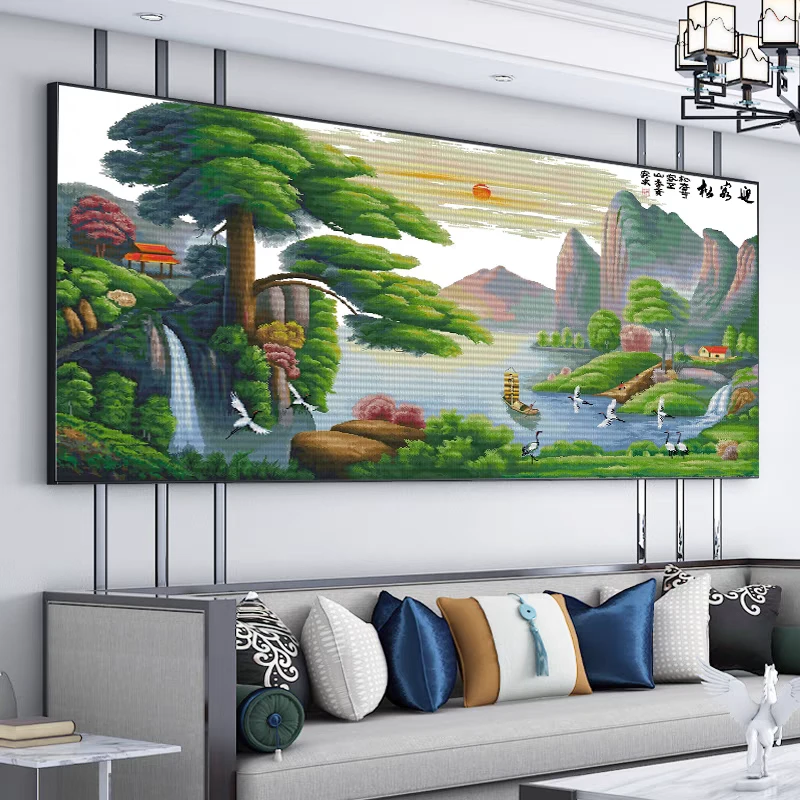 纯手工十字绣成品山水画客厅画迎客松一帆风顺流水生财172*86公分