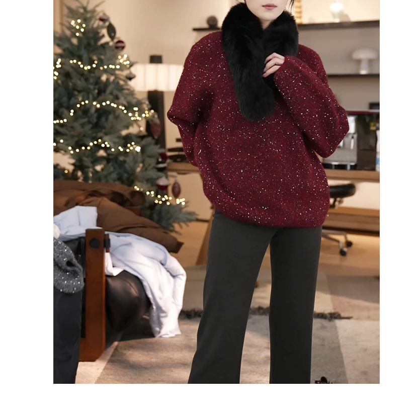 张七七珠片慵懒毛衣女秋季新款绵羊毛套头亮片针织长袖上衣