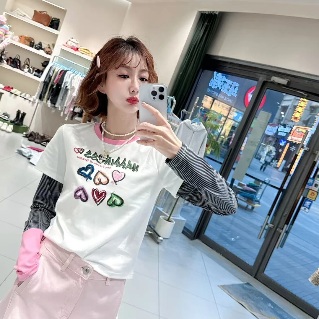 女皇【多彩字母】拼接设计撞色袖字百搭假两件印花T