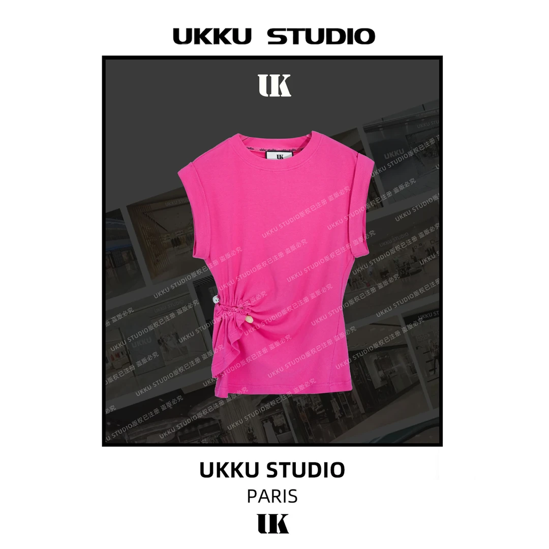 LILI【UKKU STUDIO】粉色气质时尚夏季设计师重工女士针织T恤312257