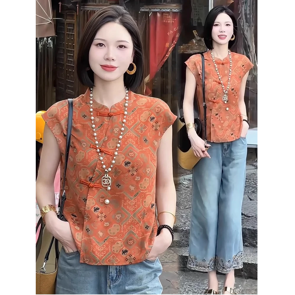 时尚国风衬衫女2025夏款洋气新中式立领印花上衣显瘦气质百搭衬衣