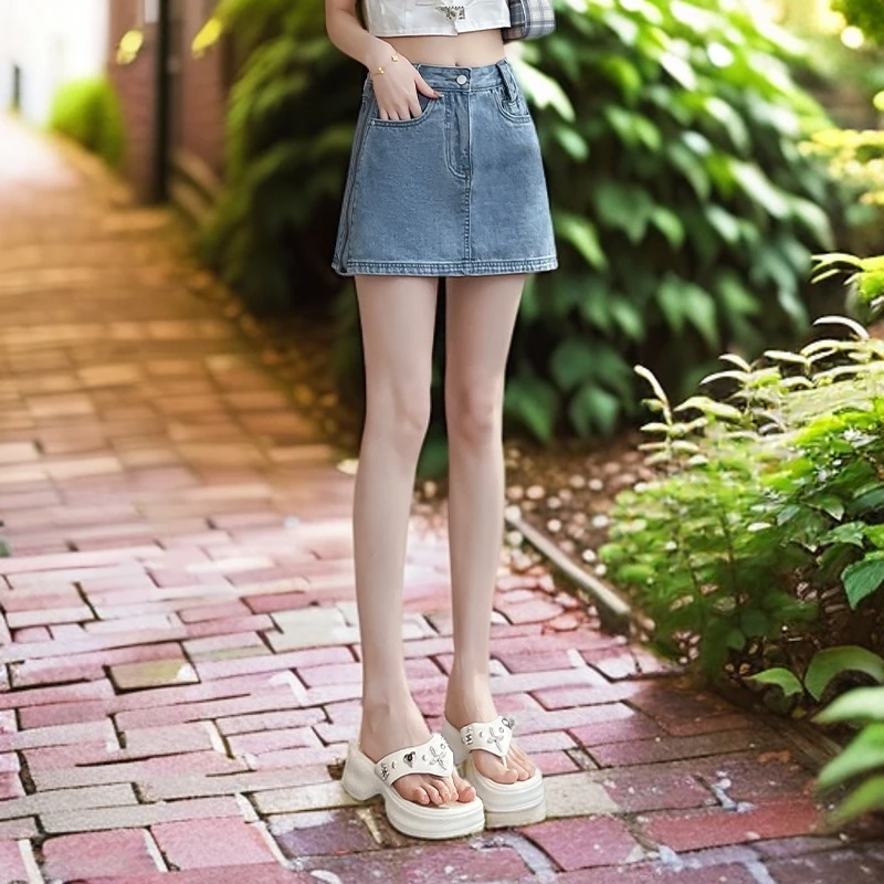 两侧拉链牛仔短裙女显瘦小个子高腰夏季薄款显腿长遮胯包臀H3561