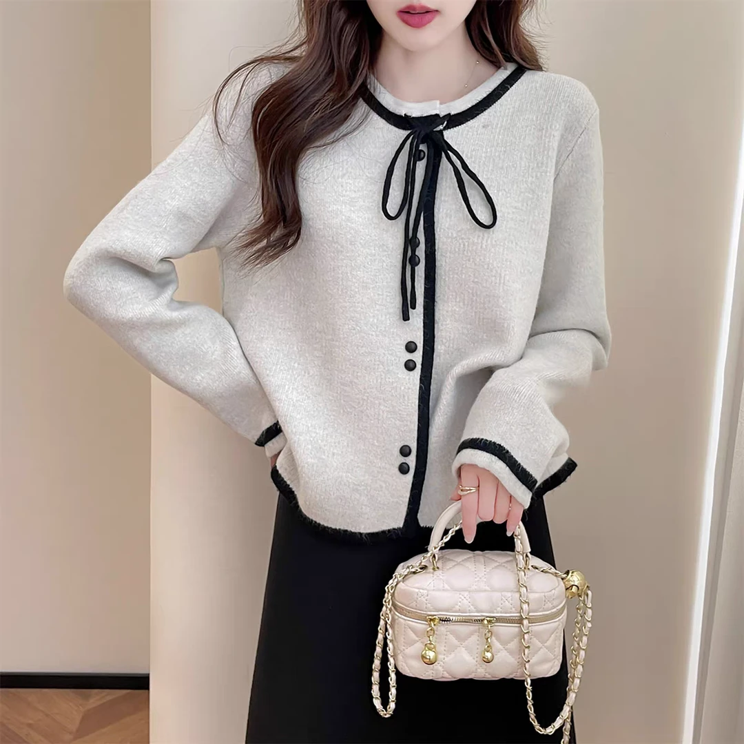 韩系小香风简约气质针织衫女百搭气质韩版开衫女