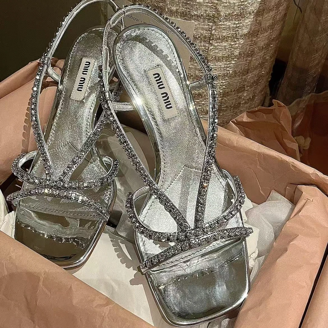 99新 MIU MIU/缪缪 银色钻钻高跟鞋 36
