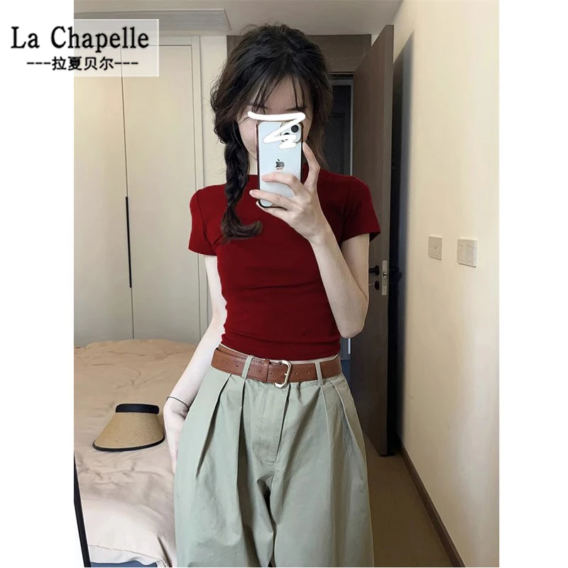 拉夏贝尔美式复古显白红色正肩T恤女夏季2025年新款圆领短袖女潮
