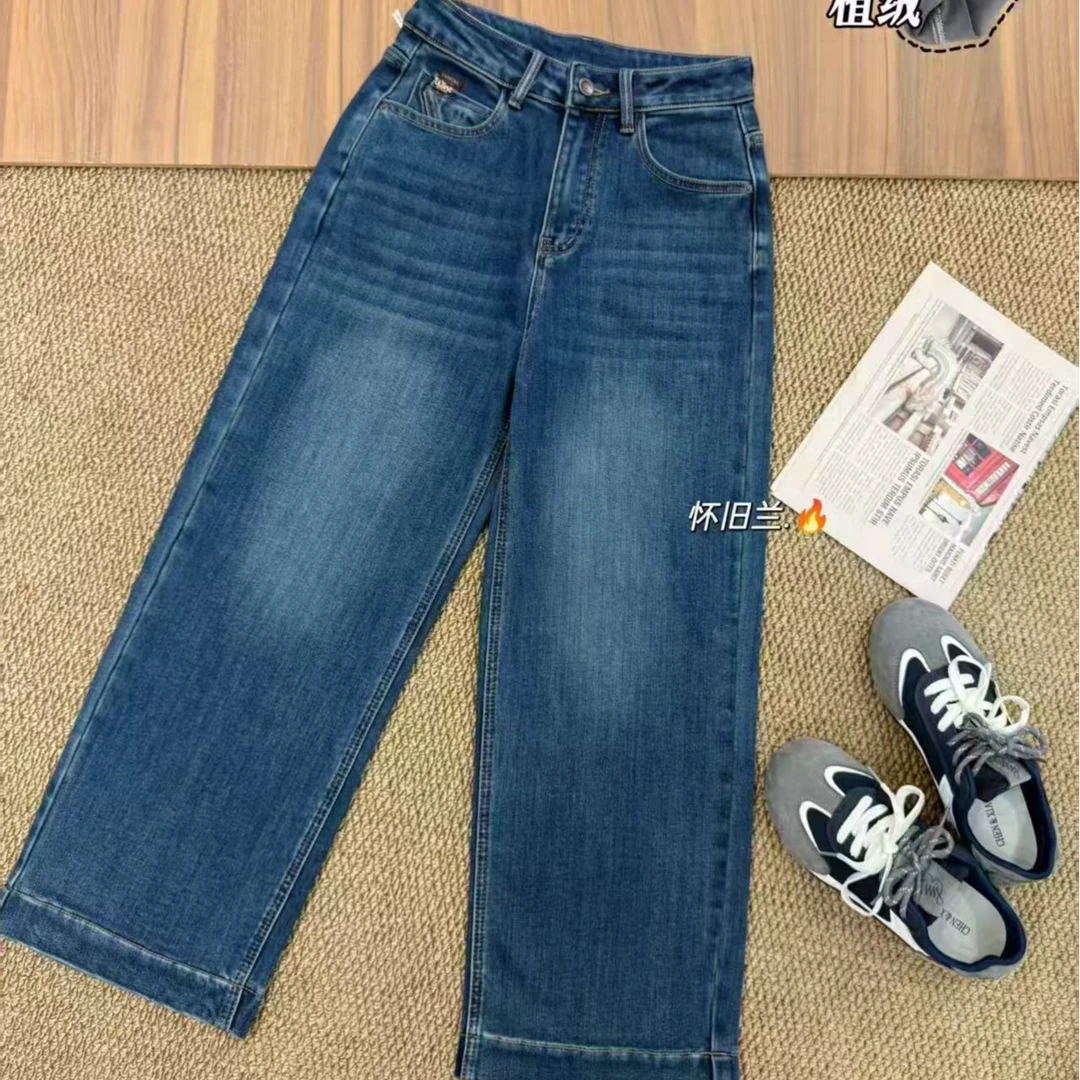 【静姐家】87505【薄绒】冬款加绒时尚休闲百搭显瘦女直筒牛仔裤