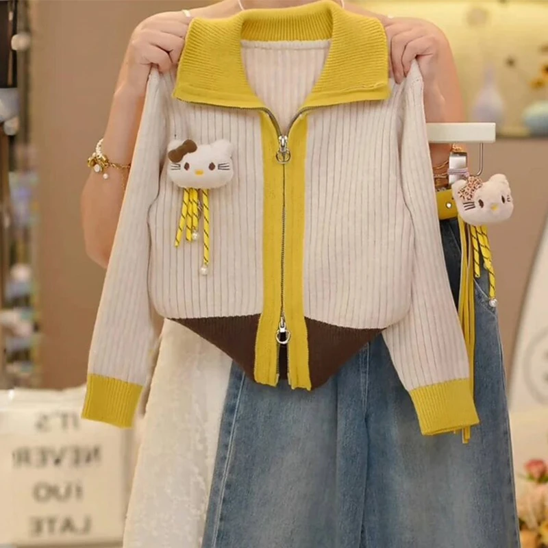 女童拼色针织开衫牛仔裤套装2025新款春秋款翻领毛线衣外套阔腿裤