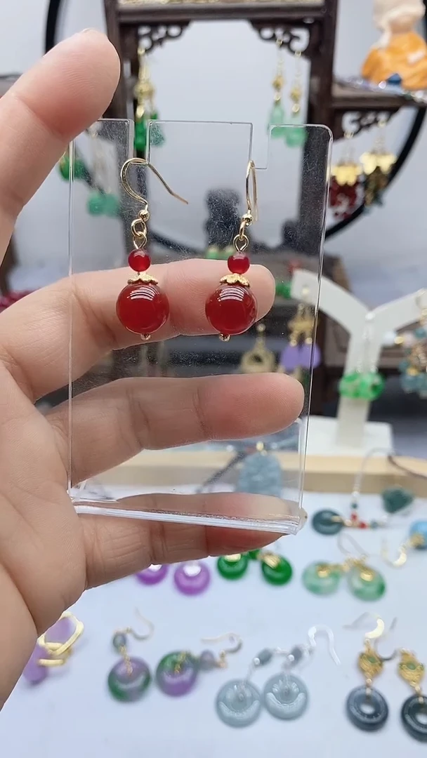 南红玛瑙14K金镶嵌耳饰77