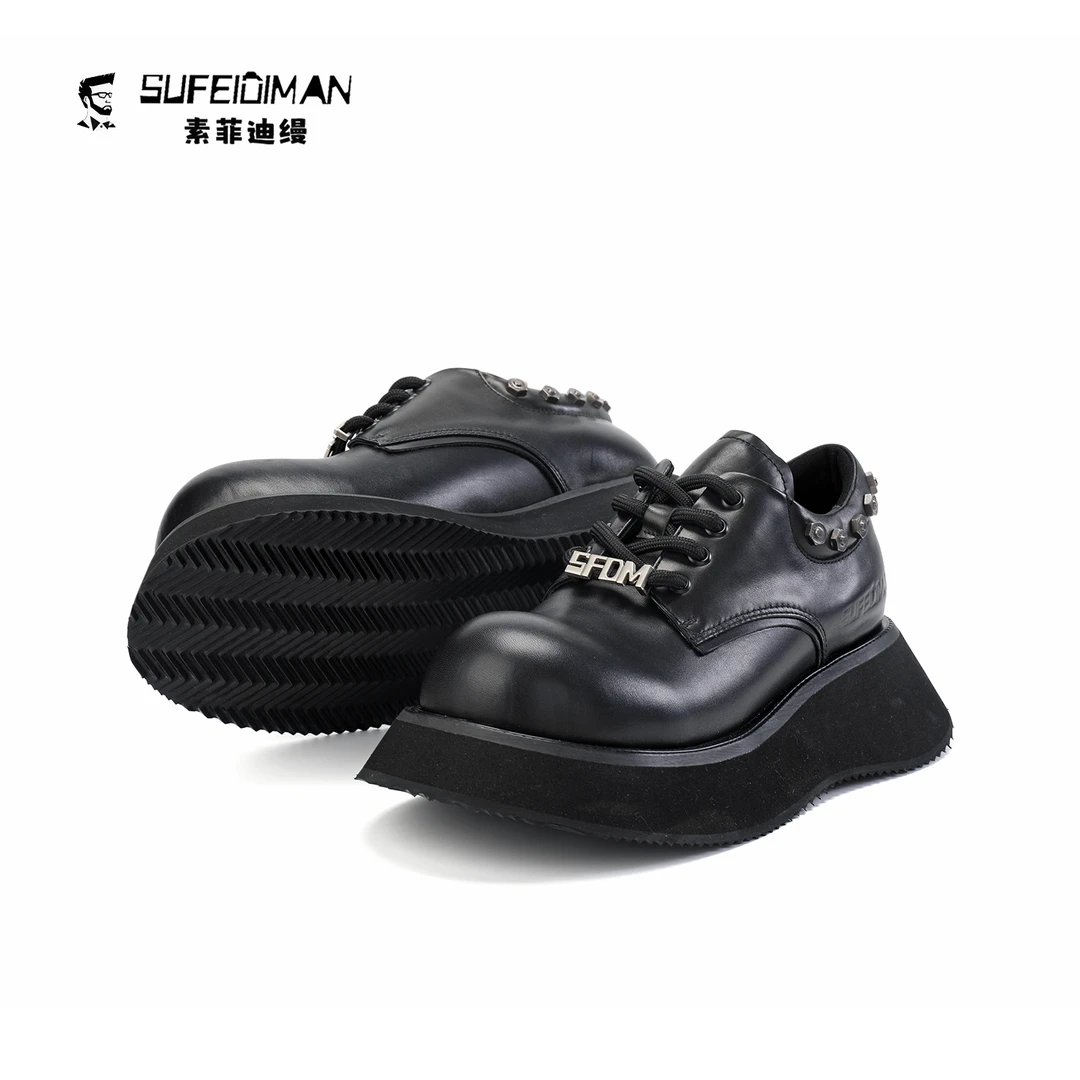 【黑刃者】素菲迪缦休闲厚底德比手工高端透气圆头男款系带大头皮鞋