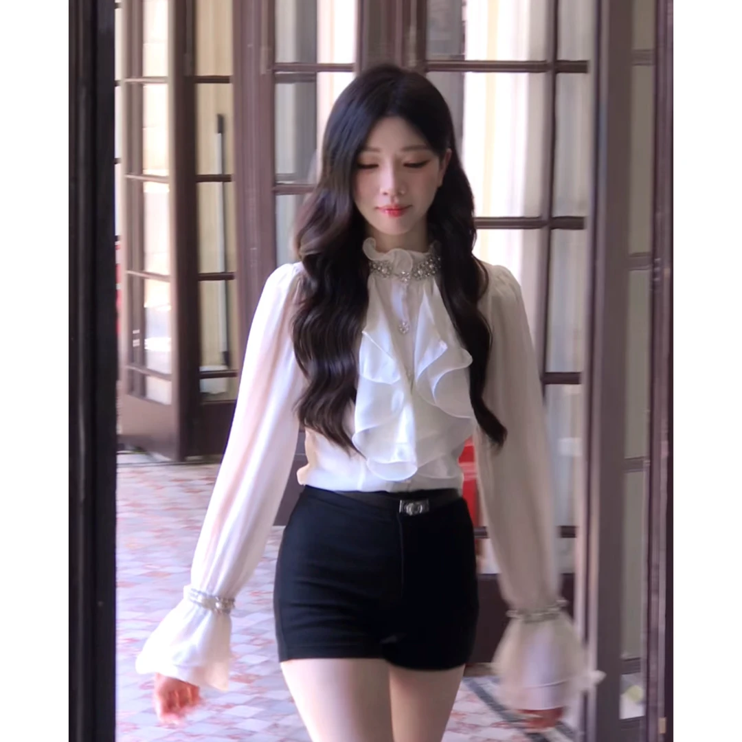 镶钻荷叶领长袖衬衫女春季收腰气质雪纺衬衣设计感上衣套装-1