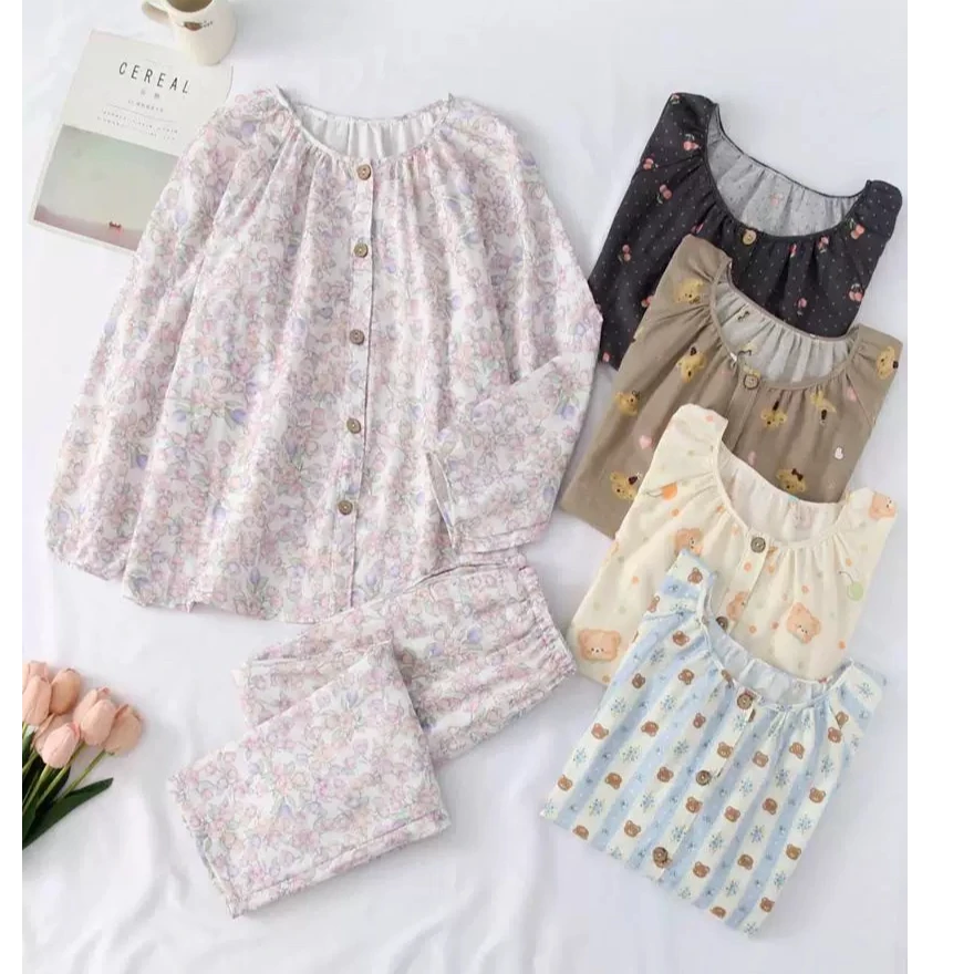 纯棉睡衣套装女长袖长裤子2件套春秋双层纱布碎花宽松大码家居服