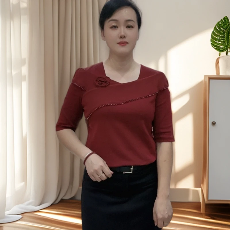 69018秋季新款常规五分袖拼接弯刀领T恤老钱风松弛感女装贵气