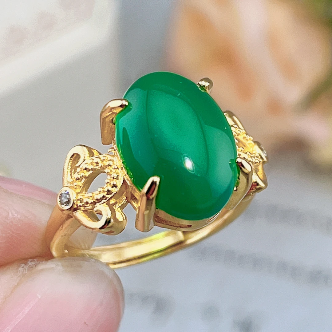 正品玛瑙玉髓戒指冰绿玉石花戒子精致气质百搭日常通勤女戒F740