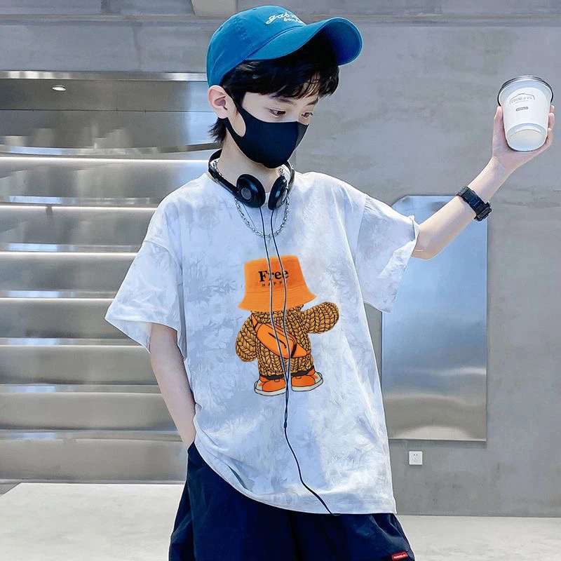 儿童扎染短袖T恤2025夏装新款中大儿童夏款半袖男孩卡通纯棉上衣t